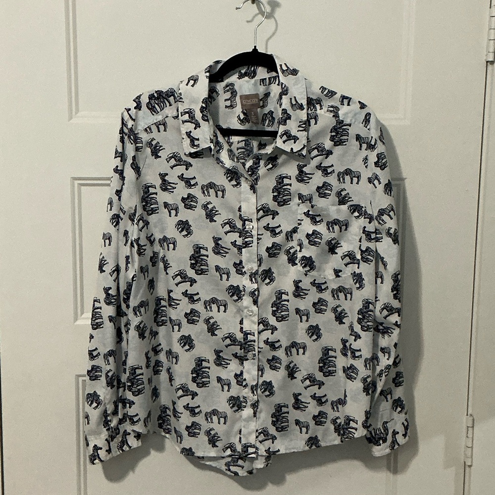 Chico's White and Blue Animal Print Button Down Shirt
